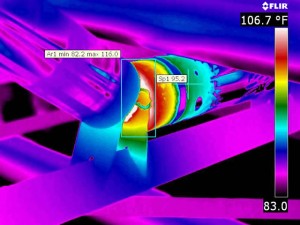 An overheating roller bearing is clearly visible during this infrared inspection of the production line.